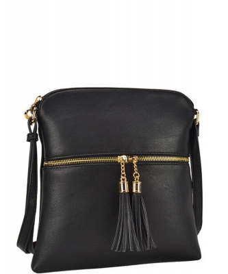 Tassel Zipper Pocket Accent Crossbody Messenger bag LP062 BLACK